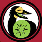 Icon of a bird next to a kiwifruit. Limited palette of Black with green/yellow accents. Red border, white backdrop.