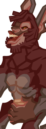 Stylized drawing of a bat-like humanoid grinning as he looks at the camera.