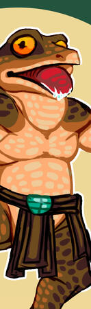 Drawing of an anthropomorphic frog, looking at the viewer with their tongue sticking out.