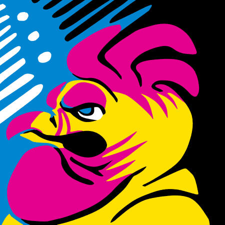 A Portait of One of Capseisen's Mascots, Raisin A Campine Chicken. Limited color palette (CMY and B/W).